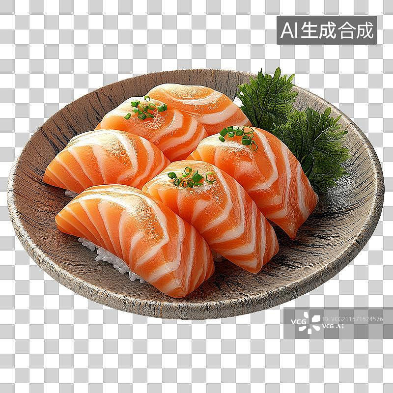 【AI数字艺术】五块三文鱼寿司配以葱花和芥末图片素材