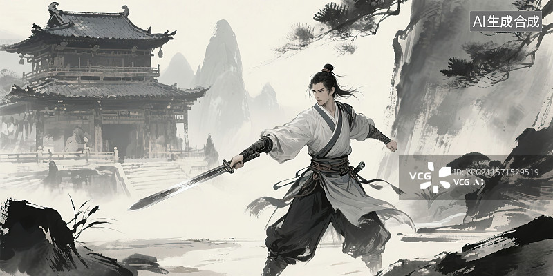 【AI数字艺术】新国风水墨风武侠人物金庸系列‌ 郭靖郭大侠射雕三部曲舞剑练武 毛笔笔触写意画江湖角色形象设计插图绘画图片素材