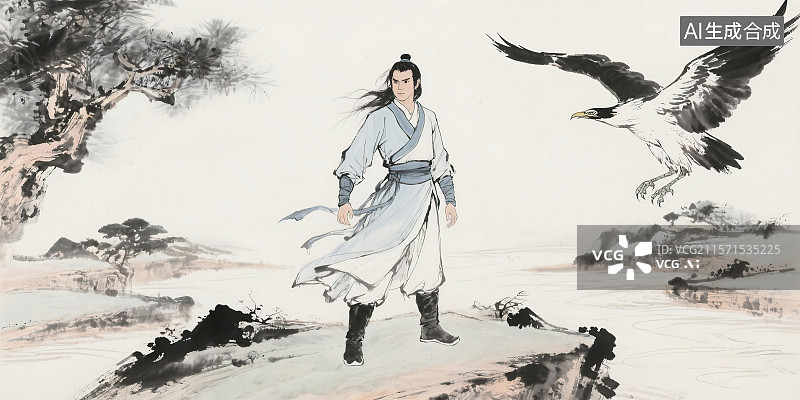 【AI数字艺术】新国风水墨风武侠人物金庸系列‌ 杨过神雕侠侣主角色汉服形象 新国风江湖武侠侠客写意画图片素材