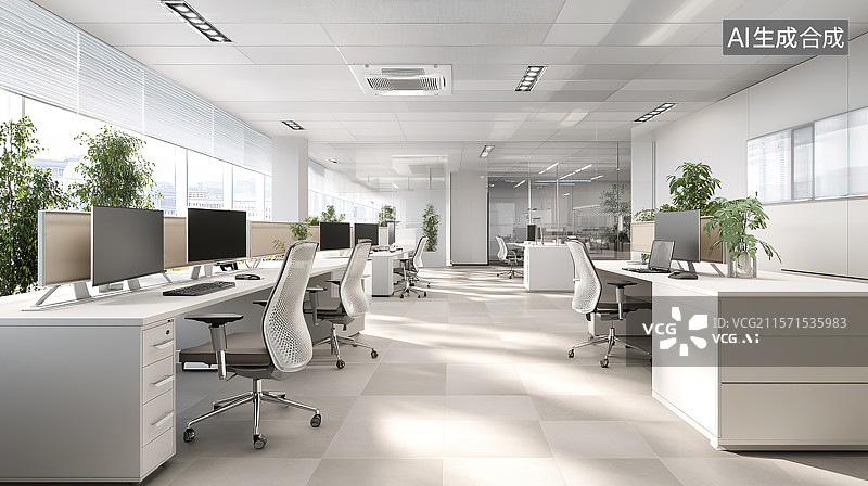 【AI数字艺术】白色明亮的开放式办公室室内空间图片素材