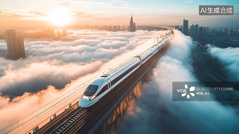 【AI数字艺术】未来世界云端行驶的高速列车图片素材