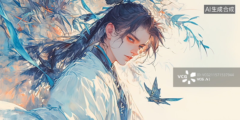 【AI数字艺术】中国风水墨风武侠人物古龙系列‌楚留香 新国风江湖侠客武侠汉服男性角色形象设计插图绘画图片素材