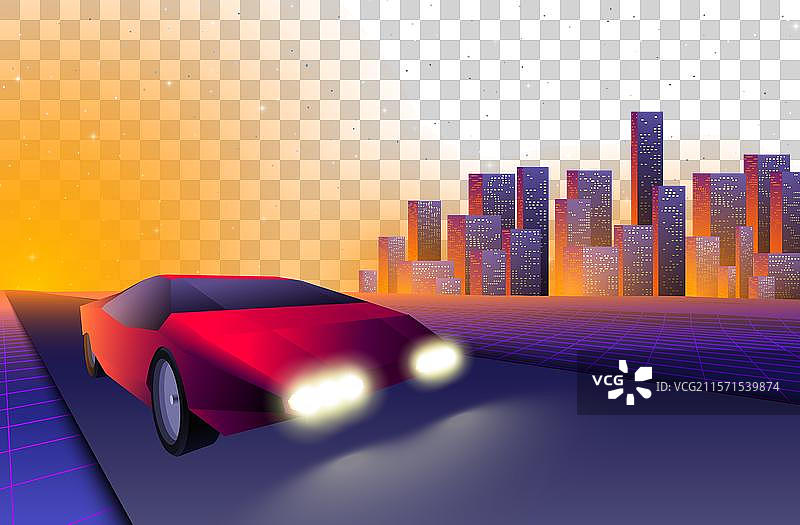 红色霓虹车在80年代合成波风格中逃离图片素材