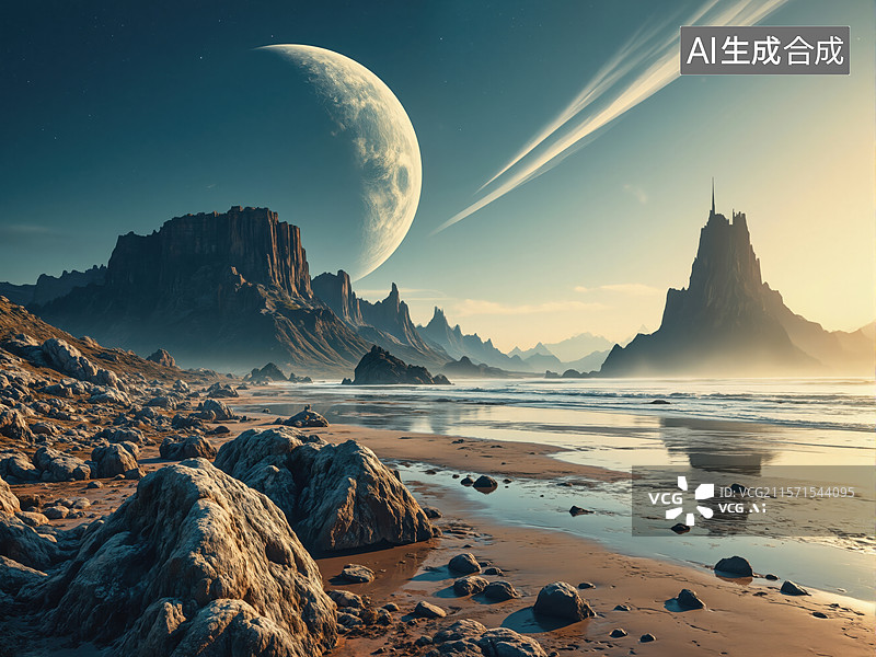 【AI数字艺术】月夜沙滩奇景图片素材