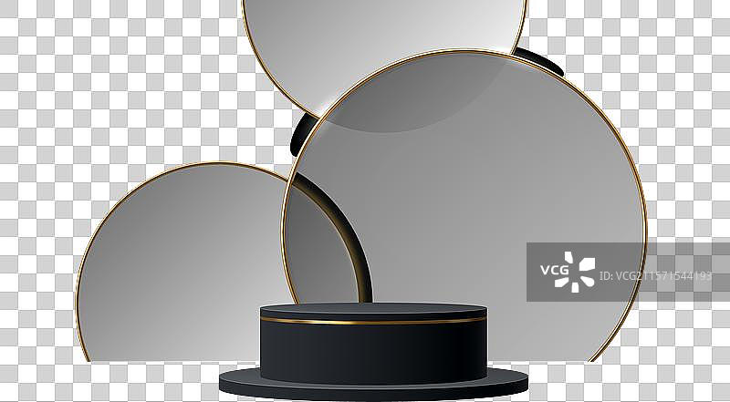 黑色讲台产品展示台，配有金色框架图片素材