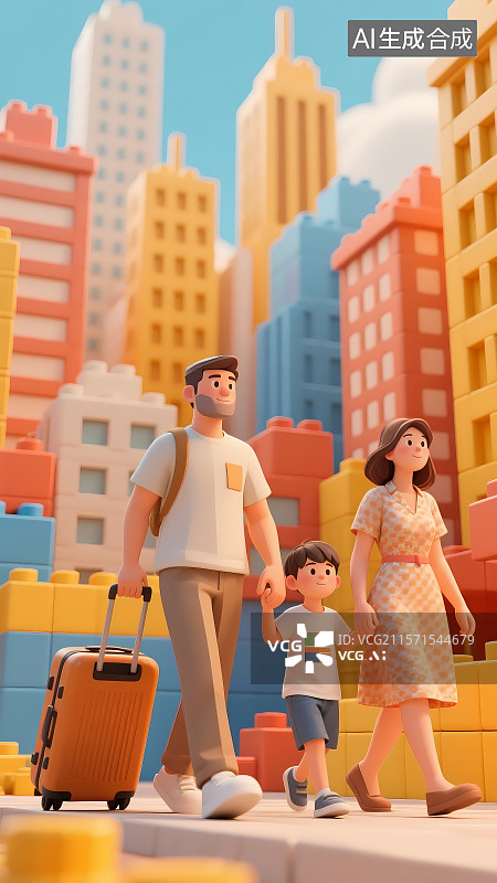 【AI数字艺术】一家人外出度假旅行像素风三维场景图片素材