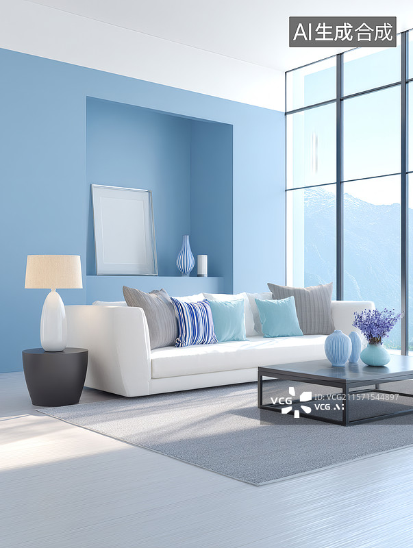 【AI数字艺术】现代简约蓝色客厅图片素材