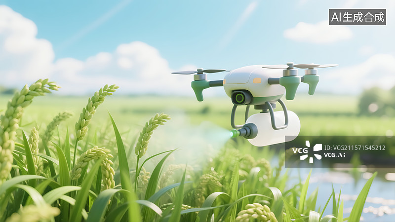 【AI数字艺术】稻田上空喷洒作业的无人机3D插画图片素材