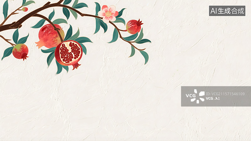 【AI数字艺术】石榴树国风插画图片素材