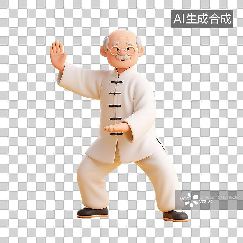 【AI数字艺术】3D渲染卡通人物，老人，退休老人，打太极拳的老爷爷，八段锦，五禽戏，锻炼，运动，休闲娱乐活动免抠元素图片素材