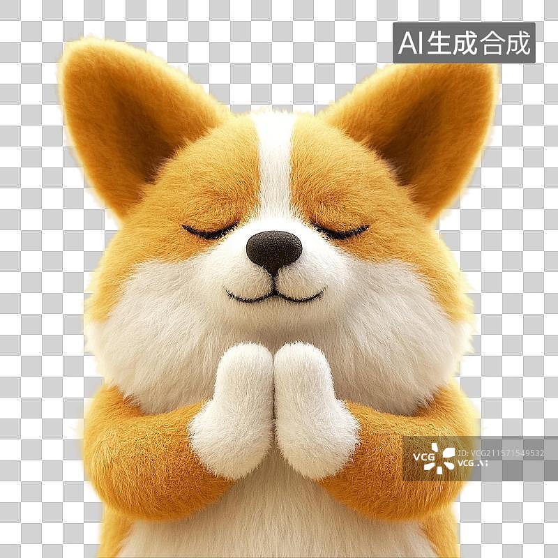 【AI数字艺术】3D渲染卡通动物，，双手合十，许愿的小狗，柯基犬，宠物狗，佛系宠物狗，祈福，祈祷，免抠元素图片素材