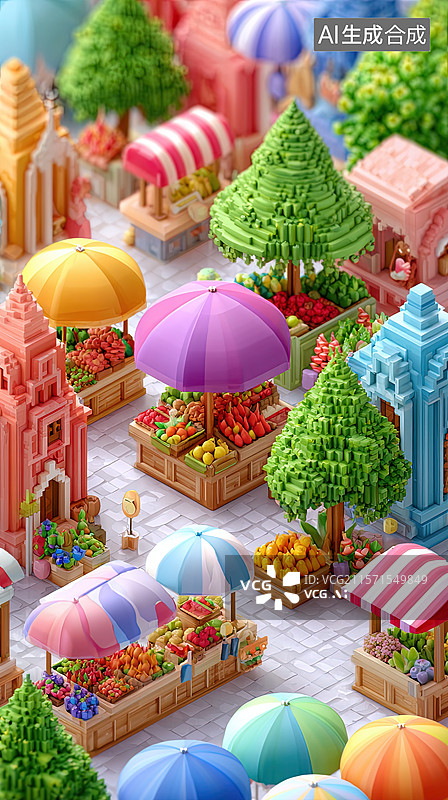 【AI数字艺术】像素化彩色集市图片素材