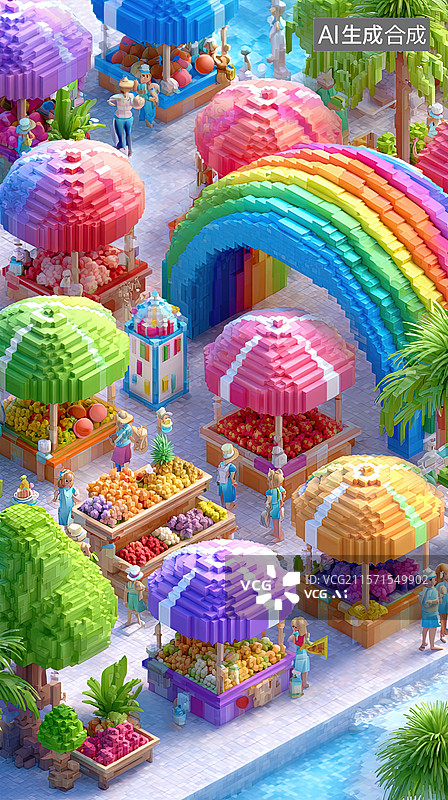 【AI数字艺术】像素风格的彩色集市图片素材