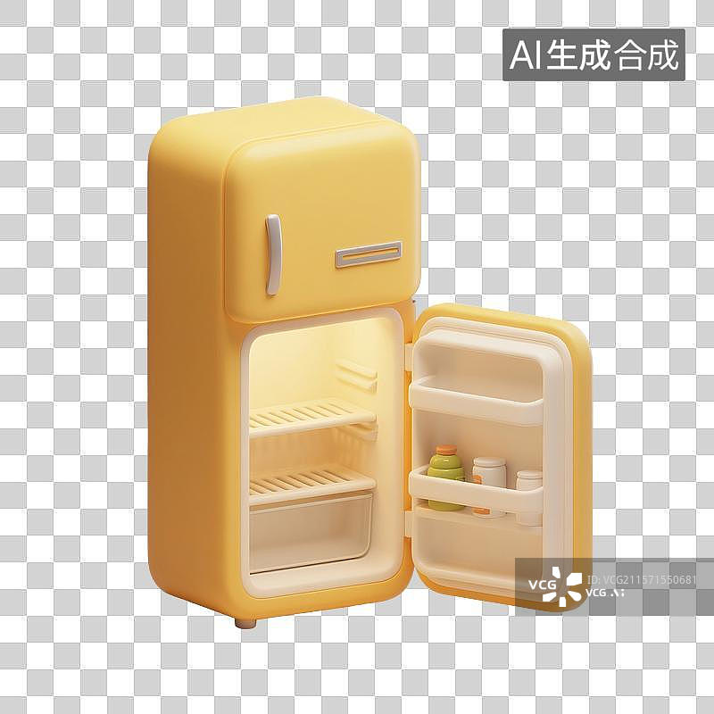 【AI数字艺术】3D渲染，冰箱，电冰箱，打开的冰箱，家用电器，夏天，卡通，免抠元素图片素材