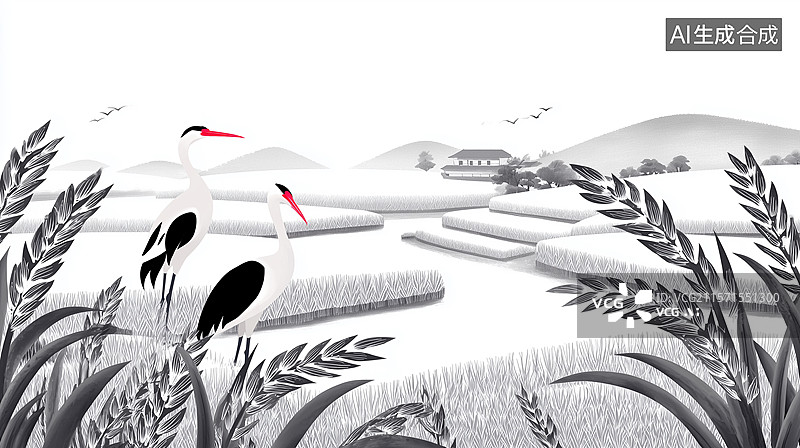 【AI数字艺术】仙鹤山水水墨插画图片素材