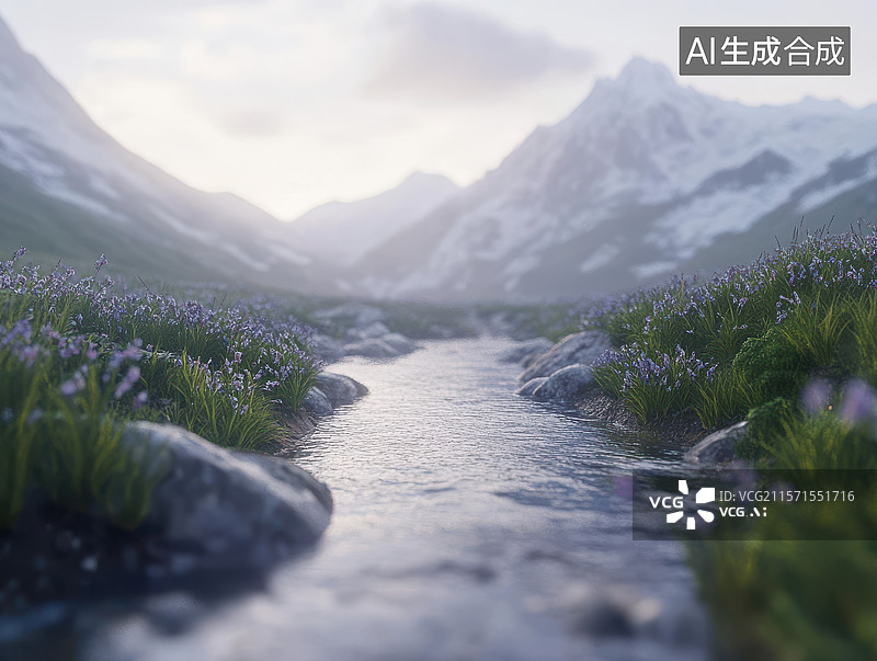 【AI数字艺术】山间溪流与野花图片素材