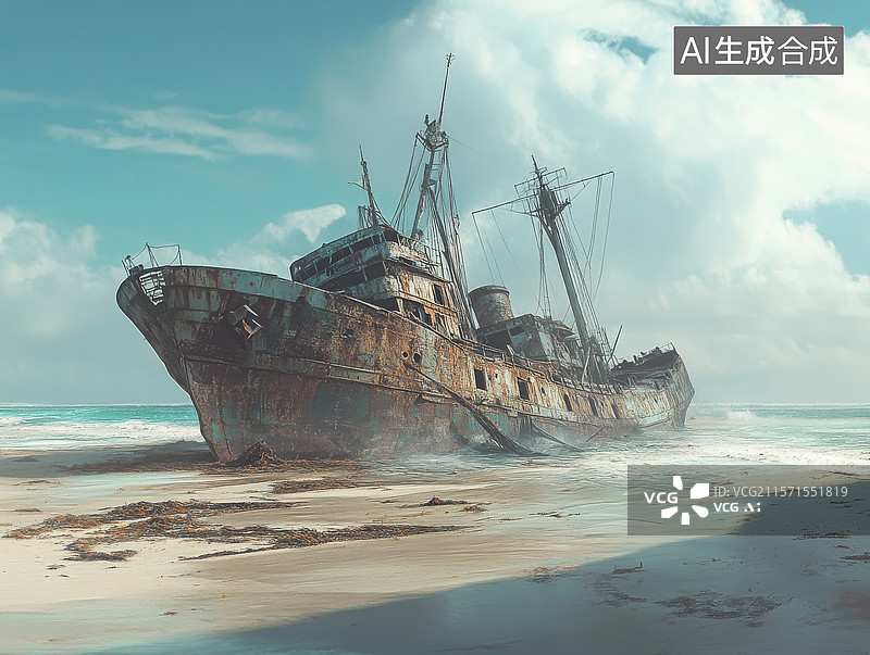 【AI数字艺术】搁浅的锈迹斑斑的旧船图片素材