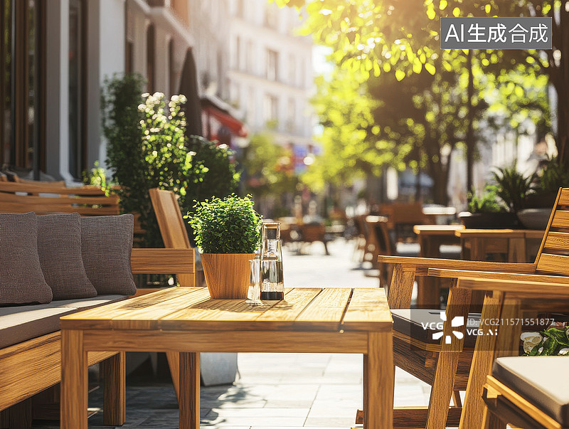 【AI数字艺术】户外咖啡馆的木质桌椅图片素材