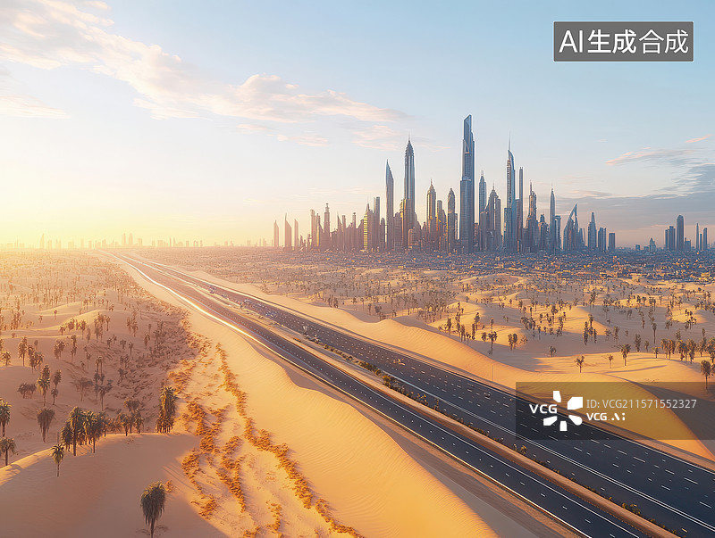 【AI数字艺术】沙漠中的现代化城市天际线图片素材