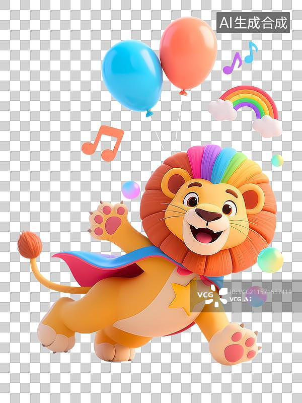 【AI数字艺术】彩虹鬃毛的狮子与气球和音符图片素材