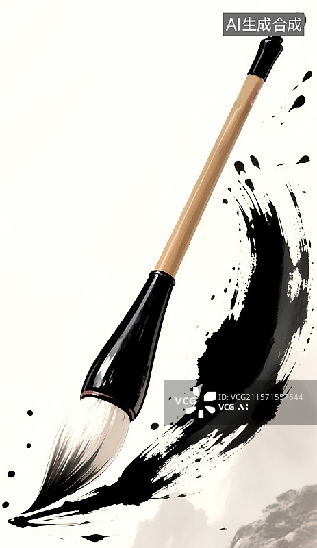 【AI数字艺术】一只毛笔挥洒出墨汁水墨插画图片素材