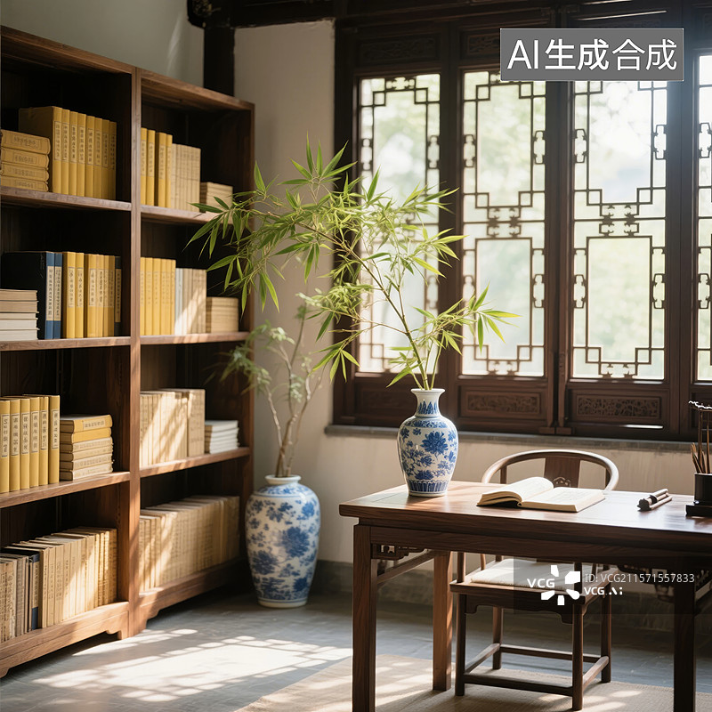 【AI数字艺术】传统书房中的书架和桌椅图片素材