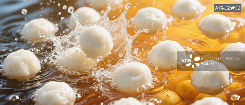 【AI数字艺术】汤圆在热水中翻滚的瞬间图片素材