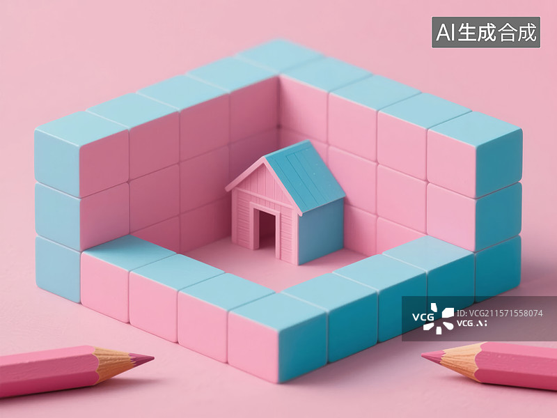 【AI数字艺术】粉色和蓝色积木搭建的不可能的房子图片素材