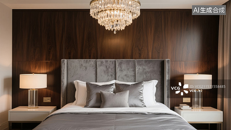 【AI数字艺术】豪华卧室中的现代床铺和吊灯图片素材