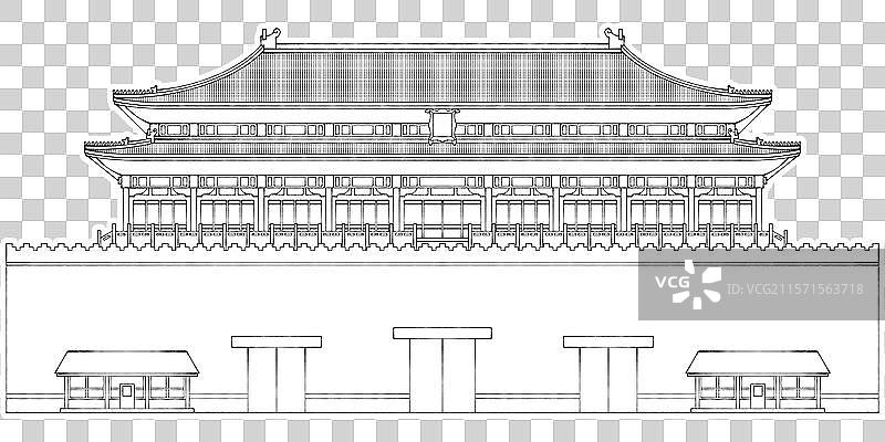 故宫紫禁城午门明清两代皇家宫殿首都北京中轴线世界遗产名录 新国风白描空白填色线稿速写卡通文创贴纸免扣图片素材