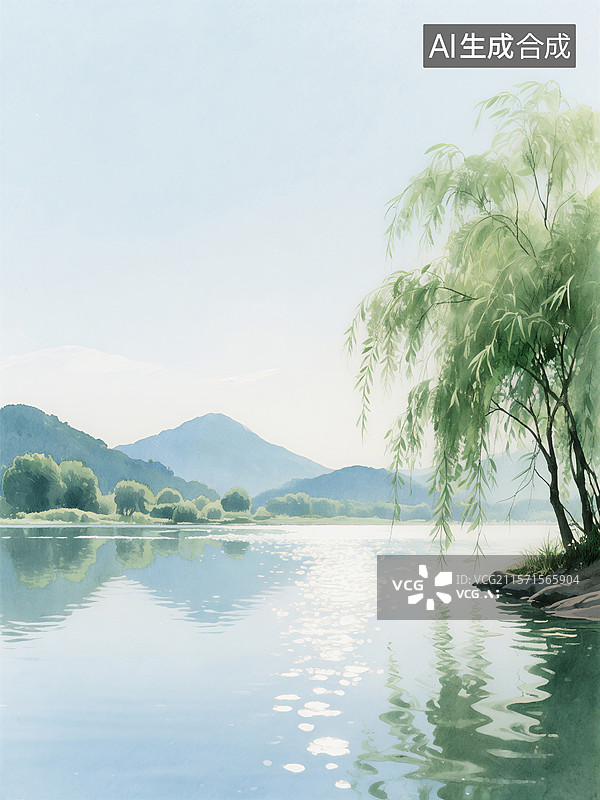 【AI数字艺术】柳树垂枝映照湖面，远处青山连绵，水面波光粼粼，景色宁静优美图片素材