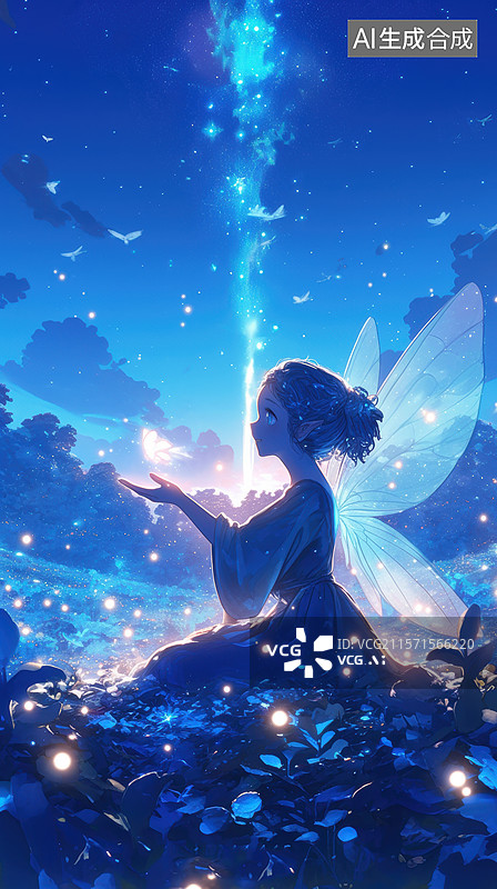 【AI数字艺术】夜空下的精灵与光柱图片素材