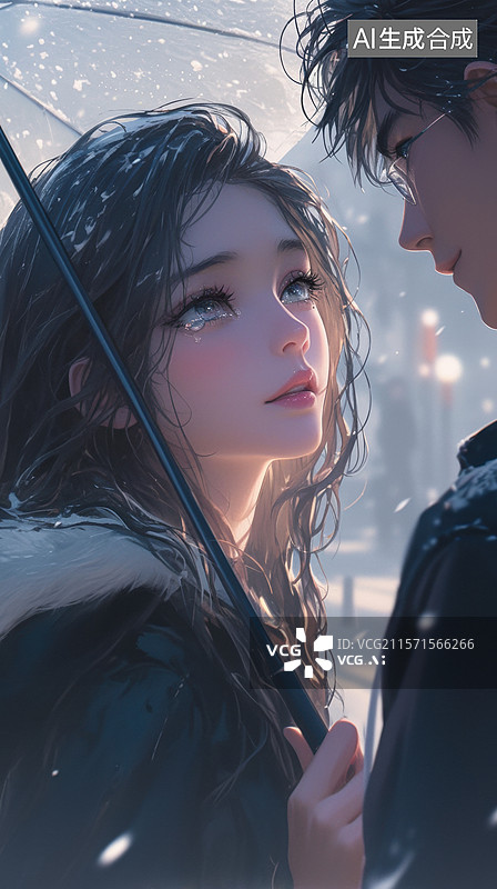 【AI数字艺术】雨中相望的男女图片素材