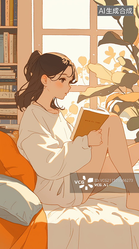 【AI数字艺术】窗边阅读的女孩图片素材