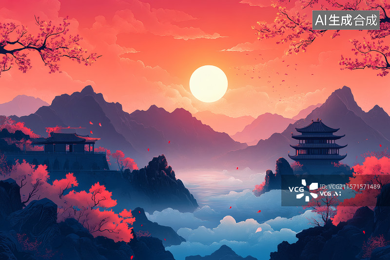 【AI数字艺术】夕阳西下，一轮红日照亮整片山谷图片素材