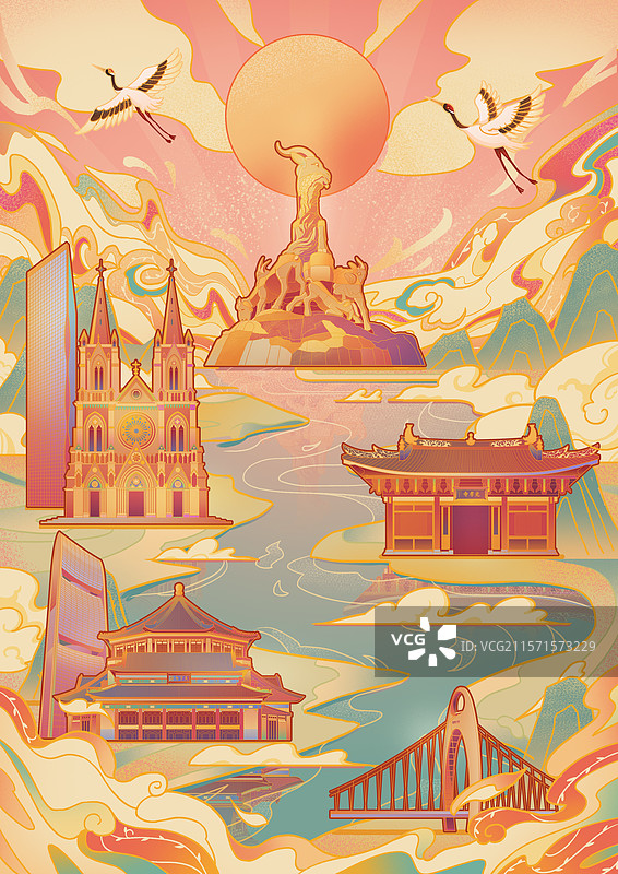 广州五羊像中山纪念堂高楼光孝寺爱群大厦石室圣心大教堂大气国风山水城市宣传文旅国潮风插画图片素材