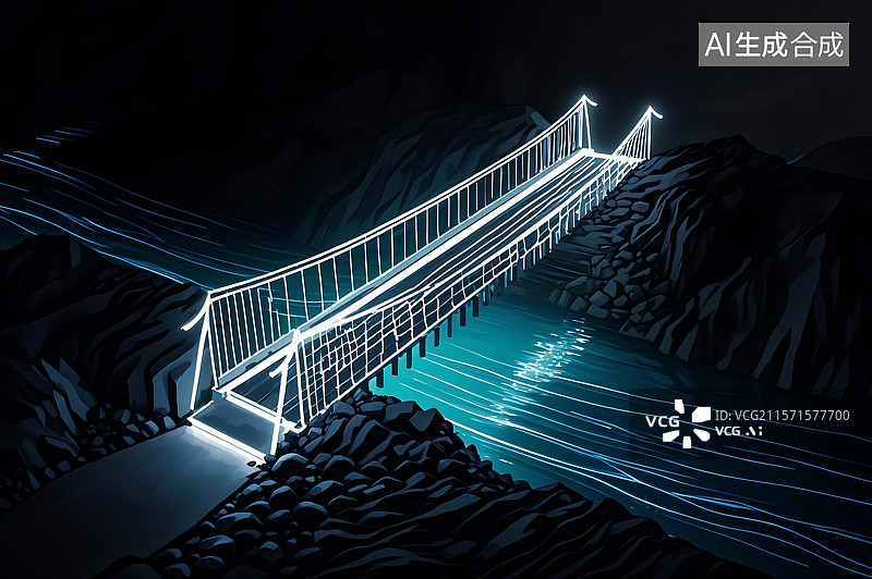 【AI数字艺术】夜晚峡谷悬索桥图片素材