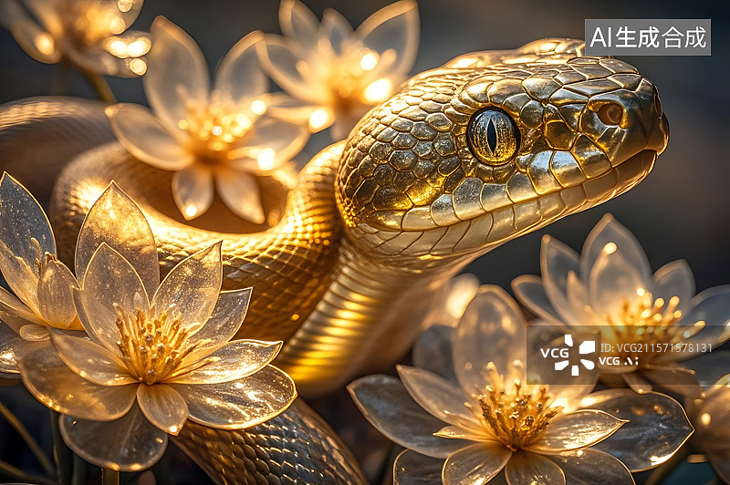 【AI数字艺术】黄金毒蛇与莲花图片素材