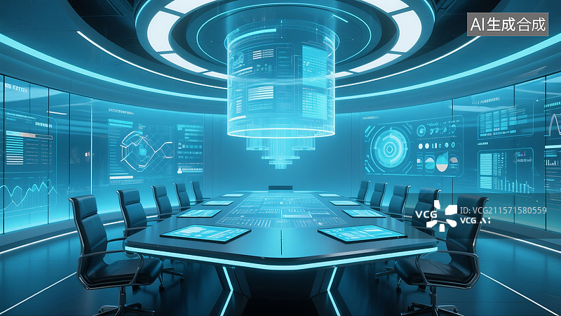 【AI数字艺术】充满科技感的会议室场景图片素材