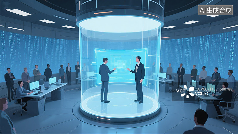 【AI数字艺术】商务人士操作全息投影屏幕图片素材