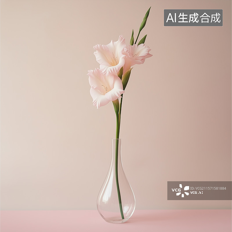 【AI数字艺术】淡雅粉调中的单枝唐菖蒲：极简优雅花卉静物图片素材