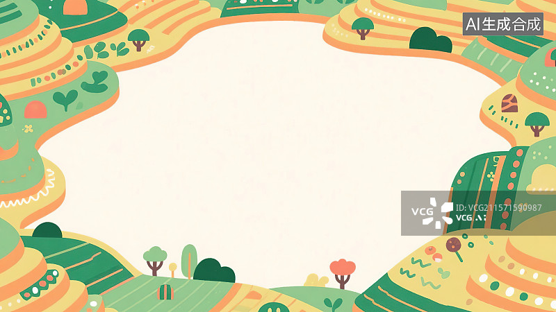 【AI数字艺术】2D卡通最大背景趣味扁平元素，梯田地形农业种植农作物装饰画印花图案不规则图形花边边框绘画插图配图图片素材