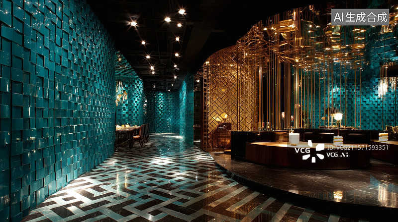 【AI数字艺术】奢华青蓝与金色的餐厅设计图片素材