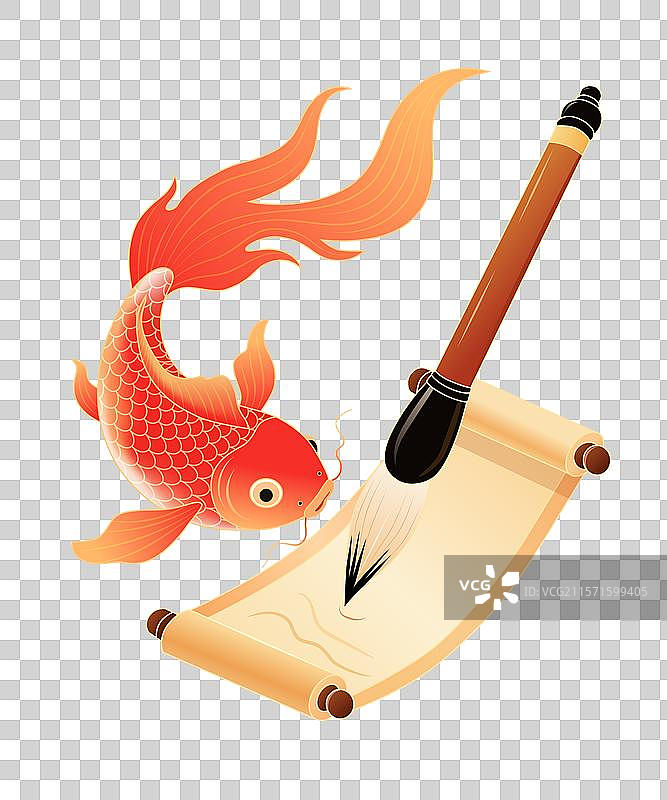 毛笔卷轴和锦鲤的组合插画图片素材