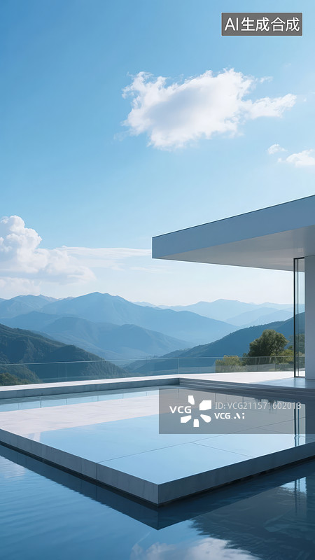【AI数字艺术】现代建筑与无边泳池的山景视野图片素材