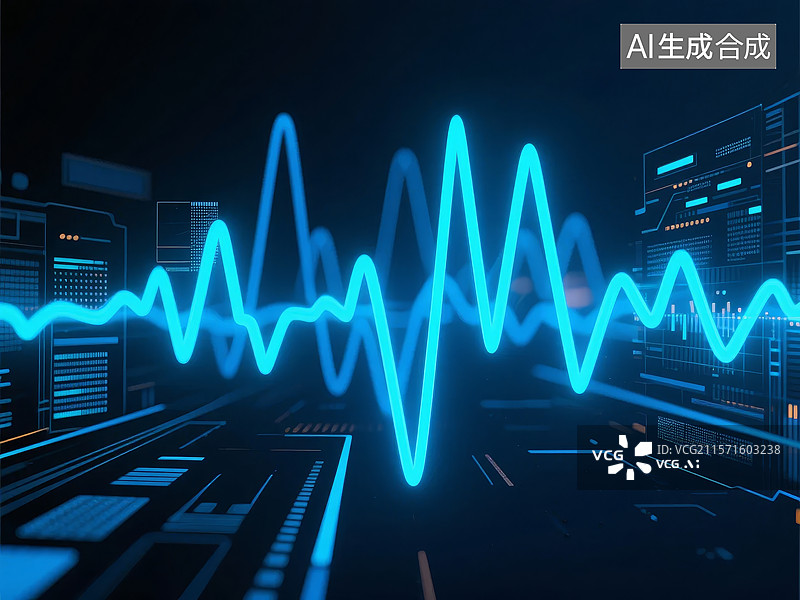 【AI数字艺术】蓝色波形在科技界面中流动图片素材