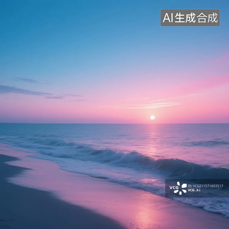 【AI数字艺术】日落海滩，粉蓝渐变天空图片素材