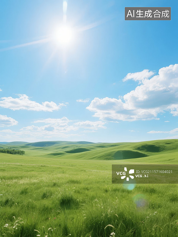 【AI数字艺术】阳光明媚的绿色草原图片素材