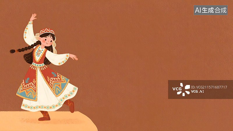 【AI数字艺术】跳舞的维吾尔族女孩2D卡通背景居左图片素材