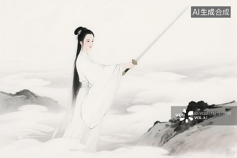 【AI数字艺术】水墨插画金庸小说中小龙女于云雾山间的特写形象图片素材